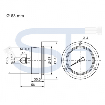 Manometer Ø 63 - 0 - 4 BAR - R 1/4" hinten zentriert für Tafeleinbau