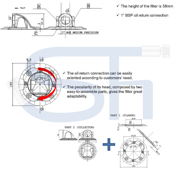 EASY-Filter Tankeinbau R 1" - 220 Liter/min - 40µm - mit geringer Bauhöhe und drehBarem Anschlusskopf