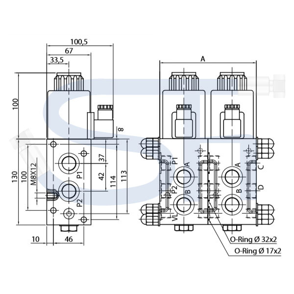 6/2-Wege Elektromagnetventil 80L R 1/2" - 24 V DC - mit Lecköl