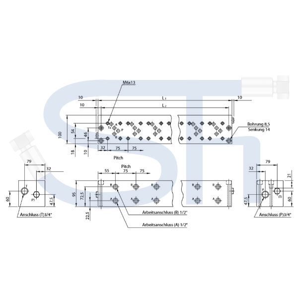 Grundplatte für Ventil CETOP 05 - NG10 - 3-fach