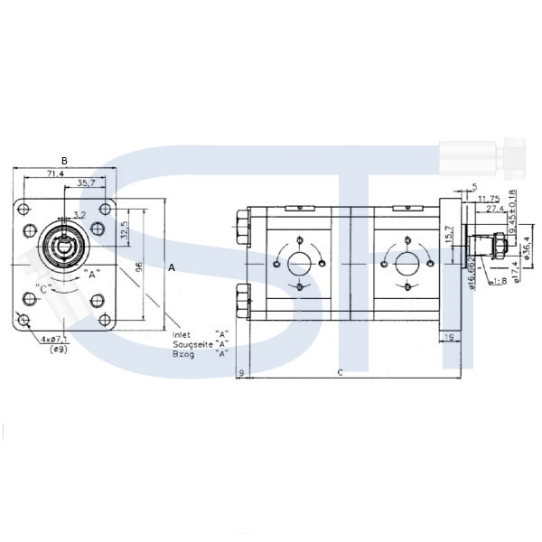 Zapfwellengetriebe BG2 - 1:3.8 - mit Schiebemuffe - 4ccm + 4ccm Doppelpumpe BG2