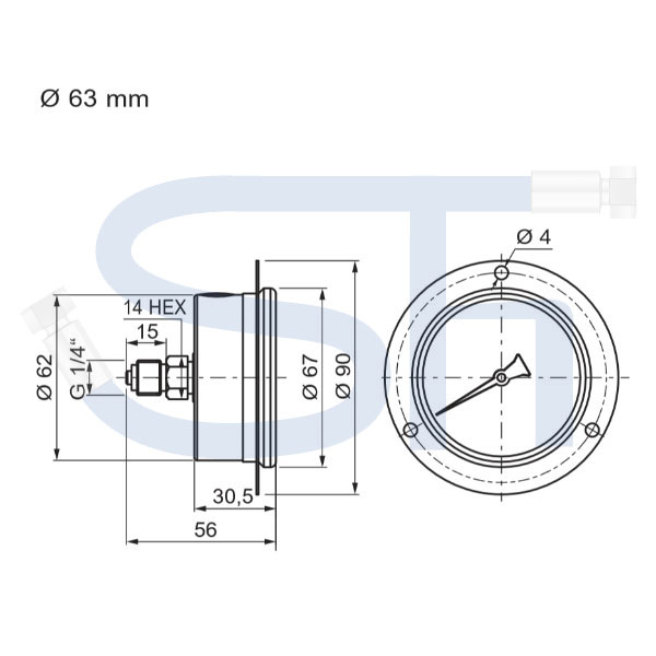 Manometer Ø 63 - 0 - 4 BAR - R 1/4" hinten zentriert für Tafeleinbau