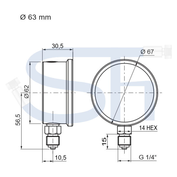 Manometer Ø 63 - 0 - 1 BAR - R 1/4" unten