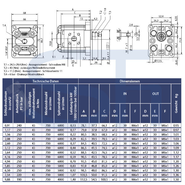 Zahnradmotor ViVoil - BG1 - 1,56ccm - Ø 25,40mm - Welle konisch 1:8 - Ölanschlüsse BOSCH Flansch - reversierbar