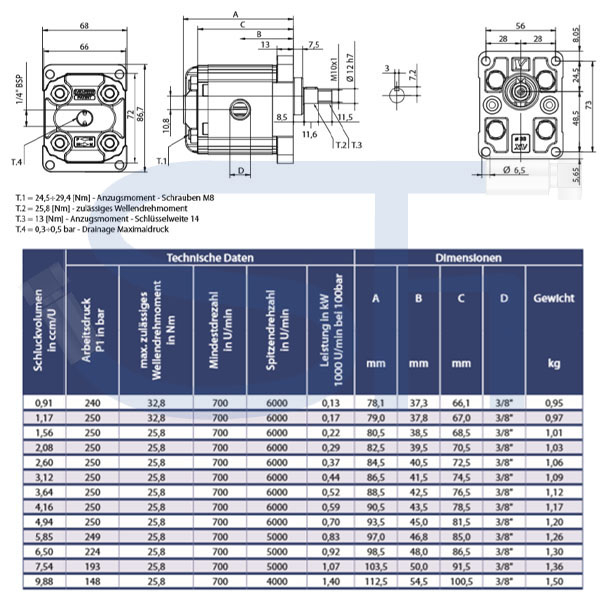 Zahnradmotor ViVoil - BG1 - 4,94ccm - Ø 30mm - Welle zylindrisch Ø 12mm - Ölanschlüsse Innengewinde - reversierbar